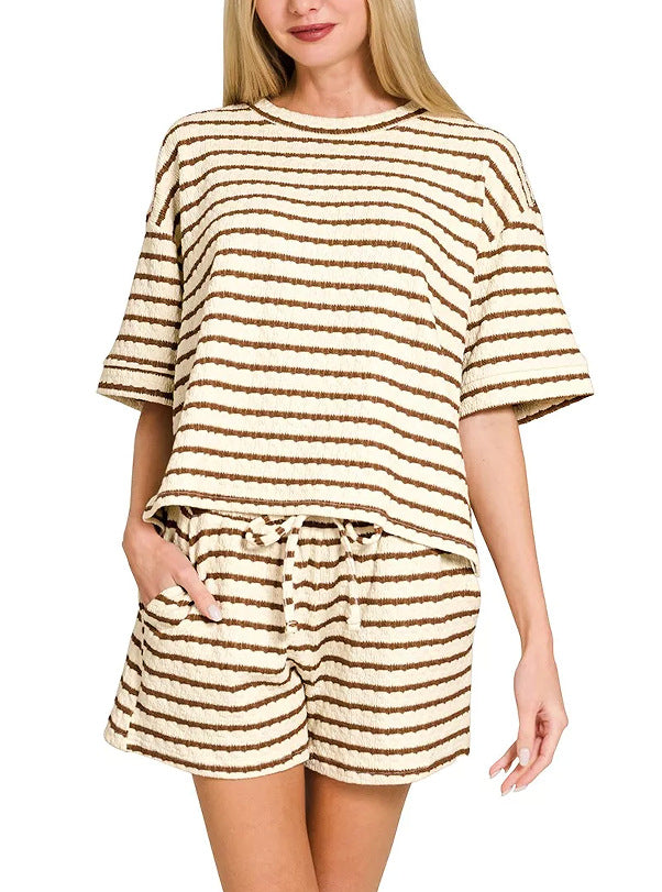 Stripe Textured Knit Lounge Set Casual Shorts Outfit