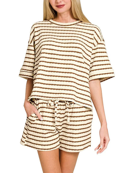 Stripe Textured Knit Lounge Set Casual Shorts Outfit