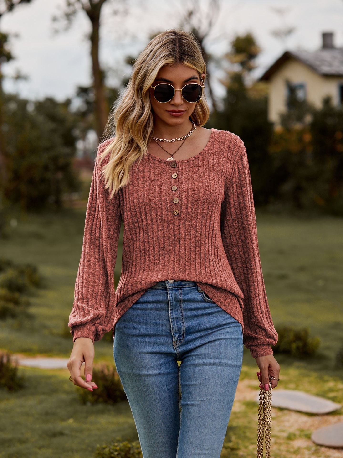 Ribbed Button Front Long Sleeve Knit Top for Women