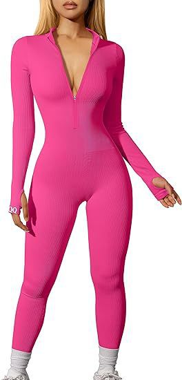Women's Ribbed Zip Front Long Sleeve Workout Jumpsuit