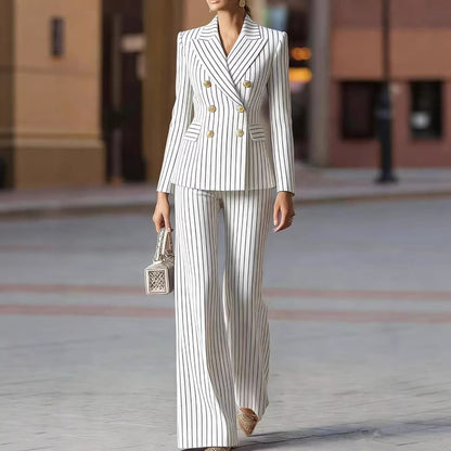 Women's Pinstripe Blazer Wide Leg Pant Suit Set