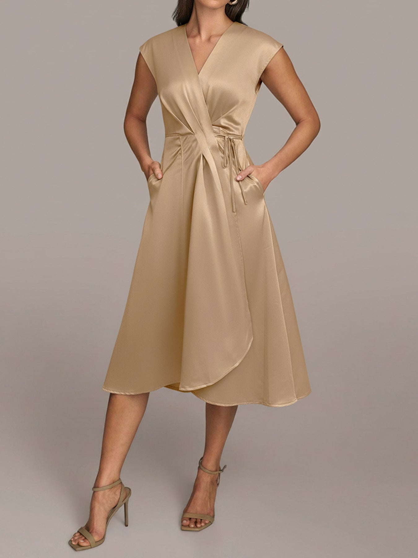 Satin V Neck Wrap Midi Dress Tie Waist Elegant