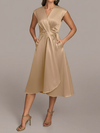 Satin V Neck Wrap Midi Dress Tie Waist Elegant