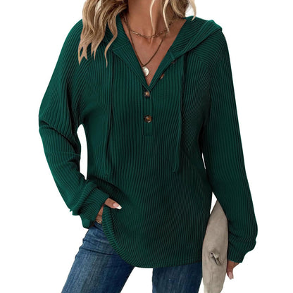 Women’s Knit Hooded Pullover Button V Neck Sweater