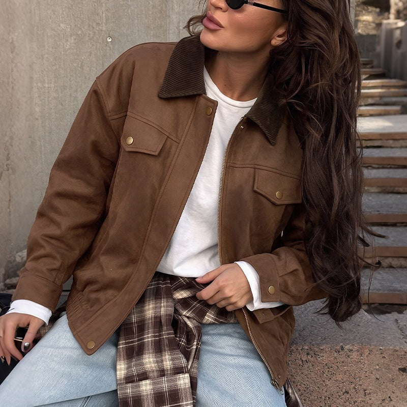 Faux Suede Contrast Collar Zip Front Utility Jacket