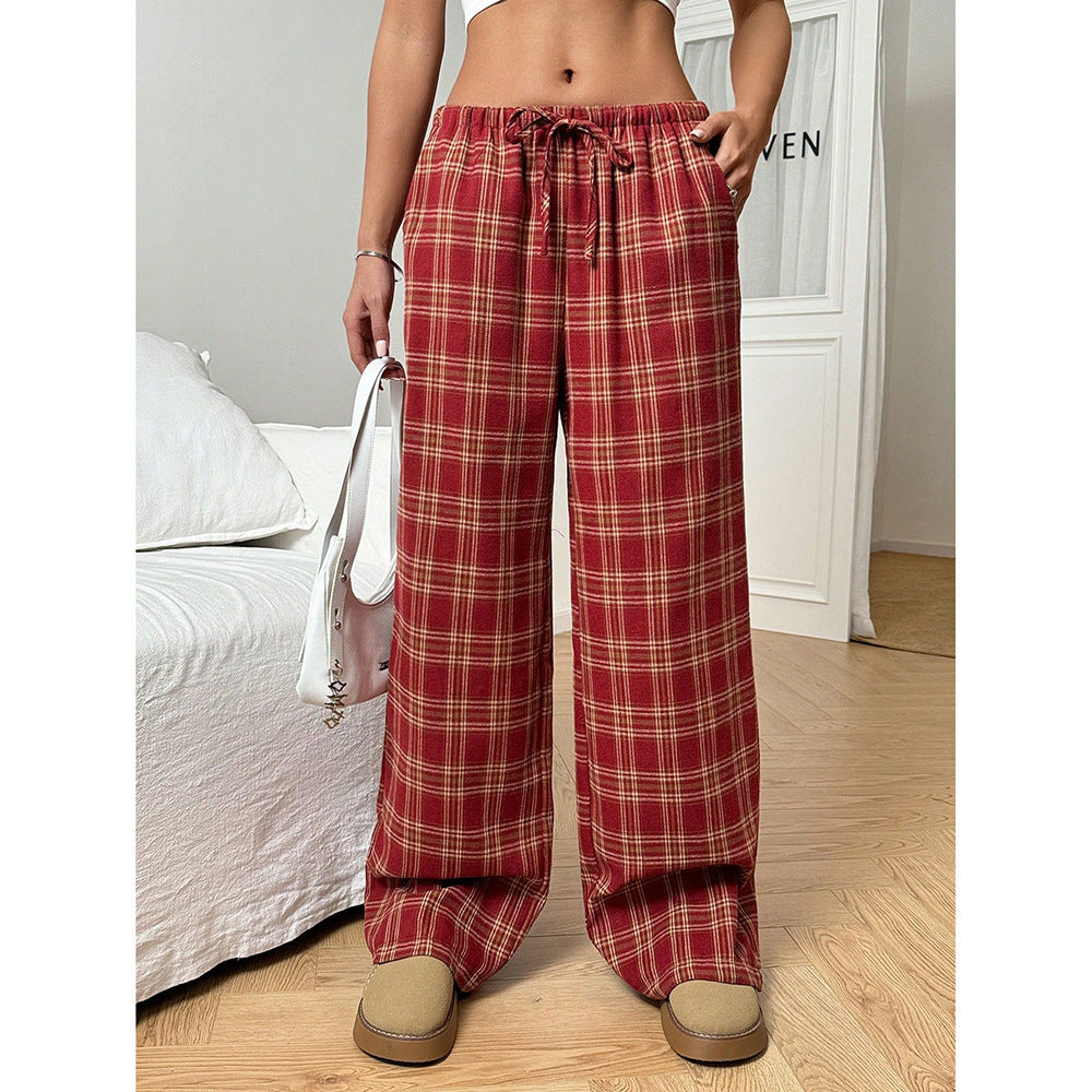 Plaid Wide Leg Pants Drawstring Casual Lounge Pants
