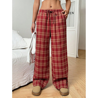 Plaid Wide Leg Pants Drawstring Casual Lounge Pants