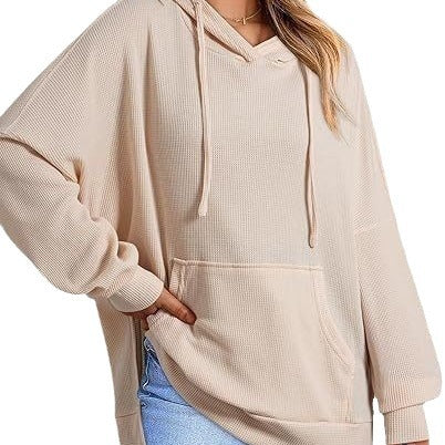 Women's Waffle Knit Hoodie Oversized Side Slit Pocket