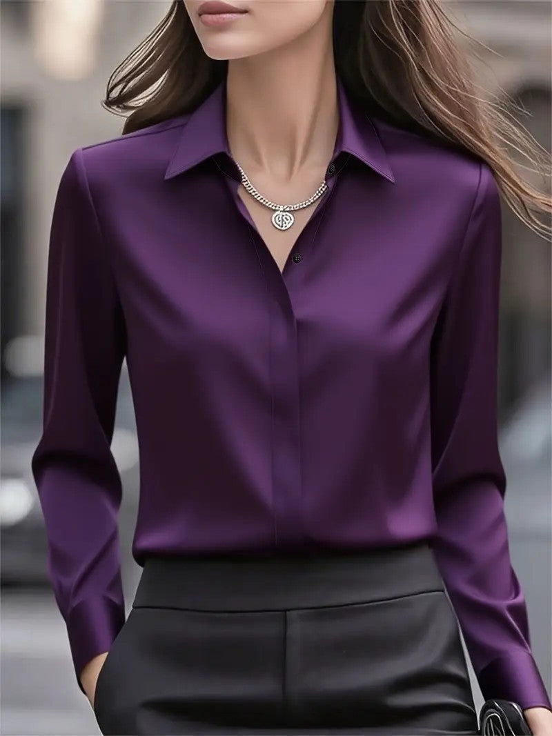 Women's Satin Button Down Blouse Long Sleeve Work Shirt