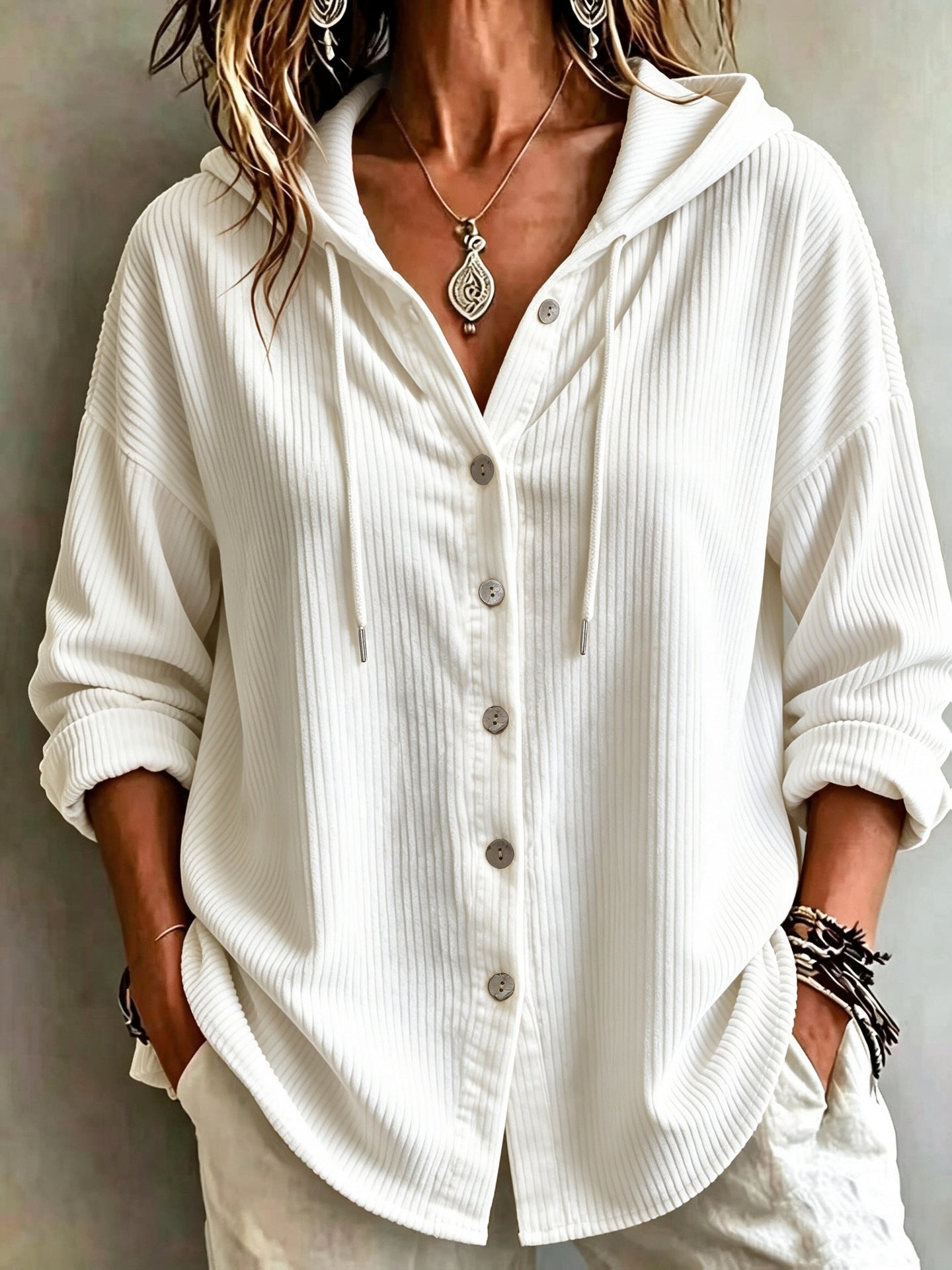 Womens Corduroy Hooded Button Down Shirt Jacket