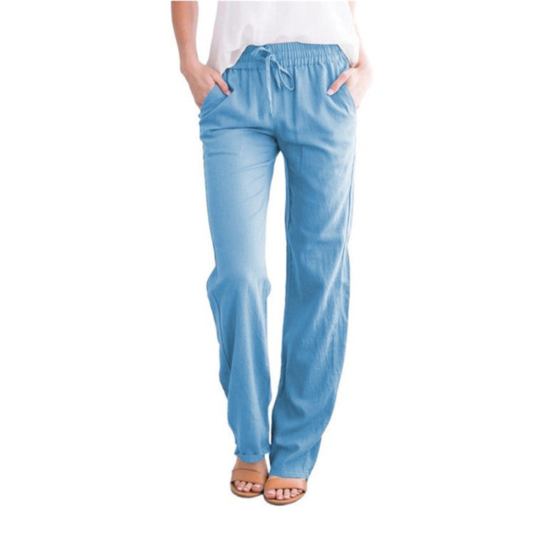 Women's Cotton Linen Drawstring Wide Leg Casual Pants