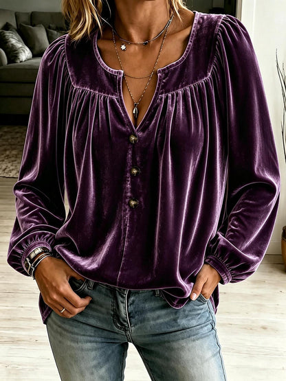 Women's Velvet V-Neck Balloon Sleeve Button Blouse