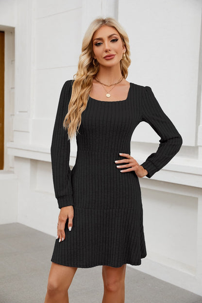 Square Neck Puff Sleeve A-Line Mini Dress with Pockets