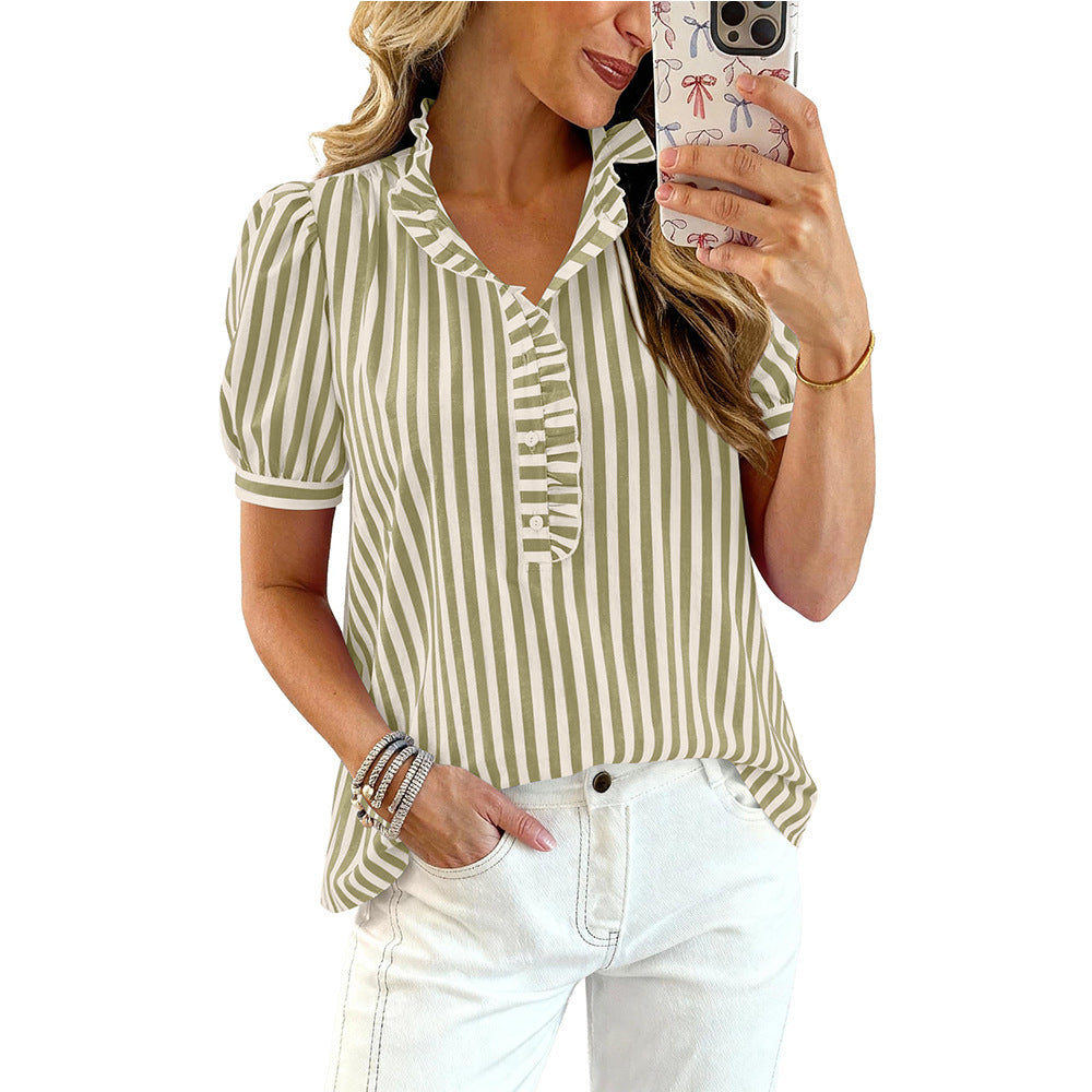Striped Ruffle Trim Blouse V Neck Puff Sleeve Top