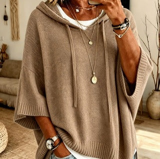 Oversized Hooded Knit Sweater Drawstring Batwing Slit