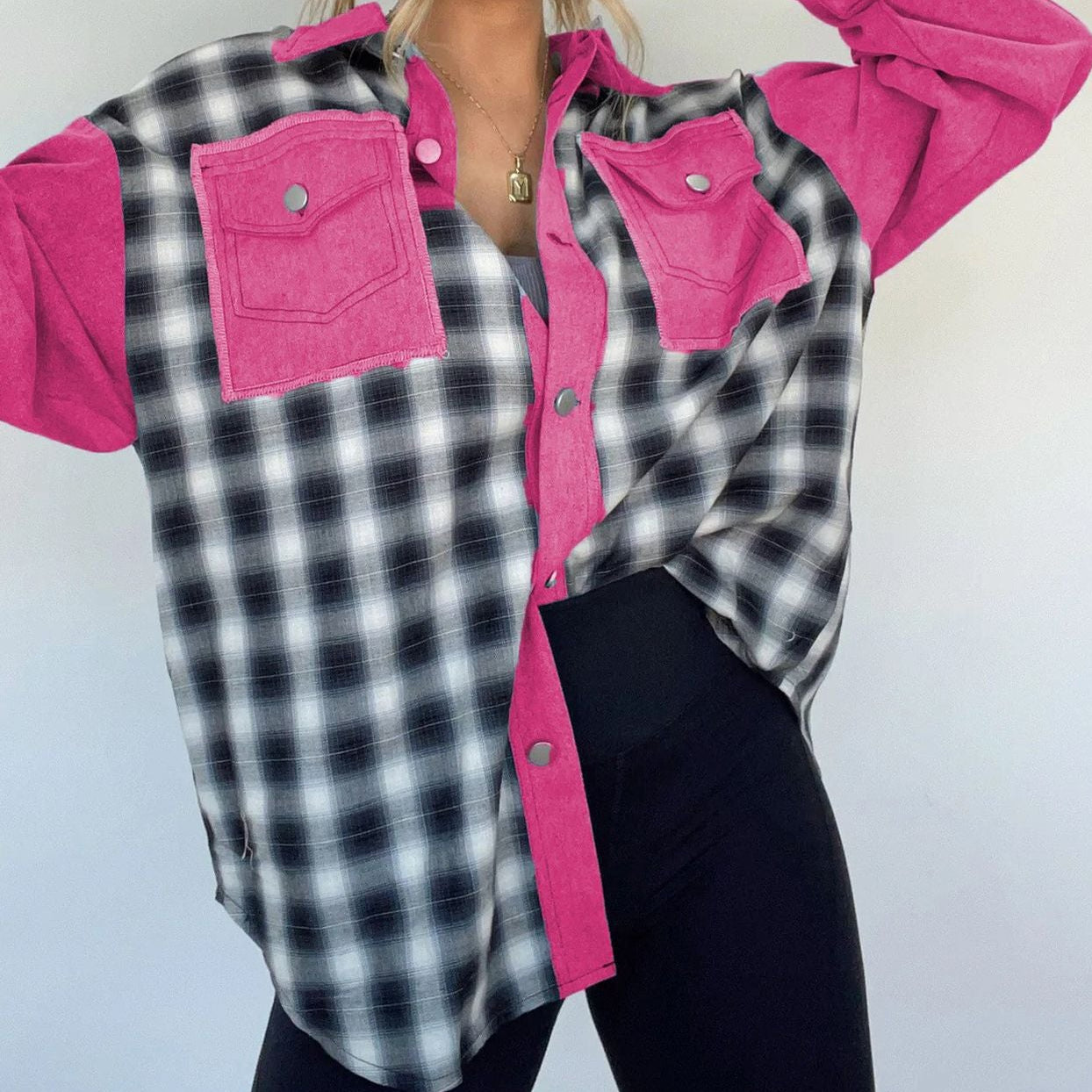 Women's Oversized Plaid Color Block Shacket Jacket