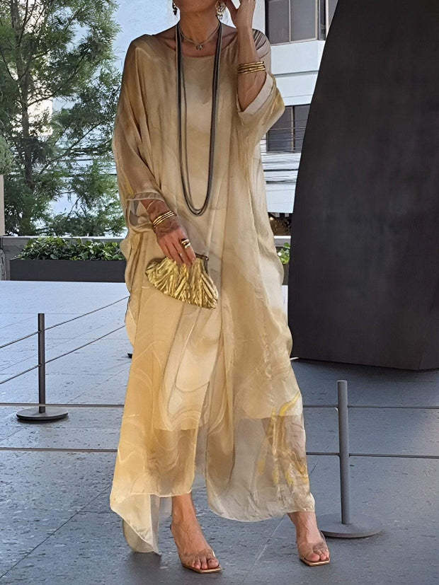 Women's Marble Chiffon Maxi Dress Batwing Plus Size