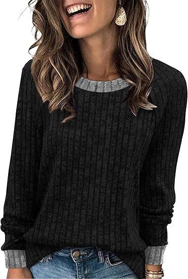 Women's Soft Ribbed Contrast Trim Long Sleeve Crew Neck Top