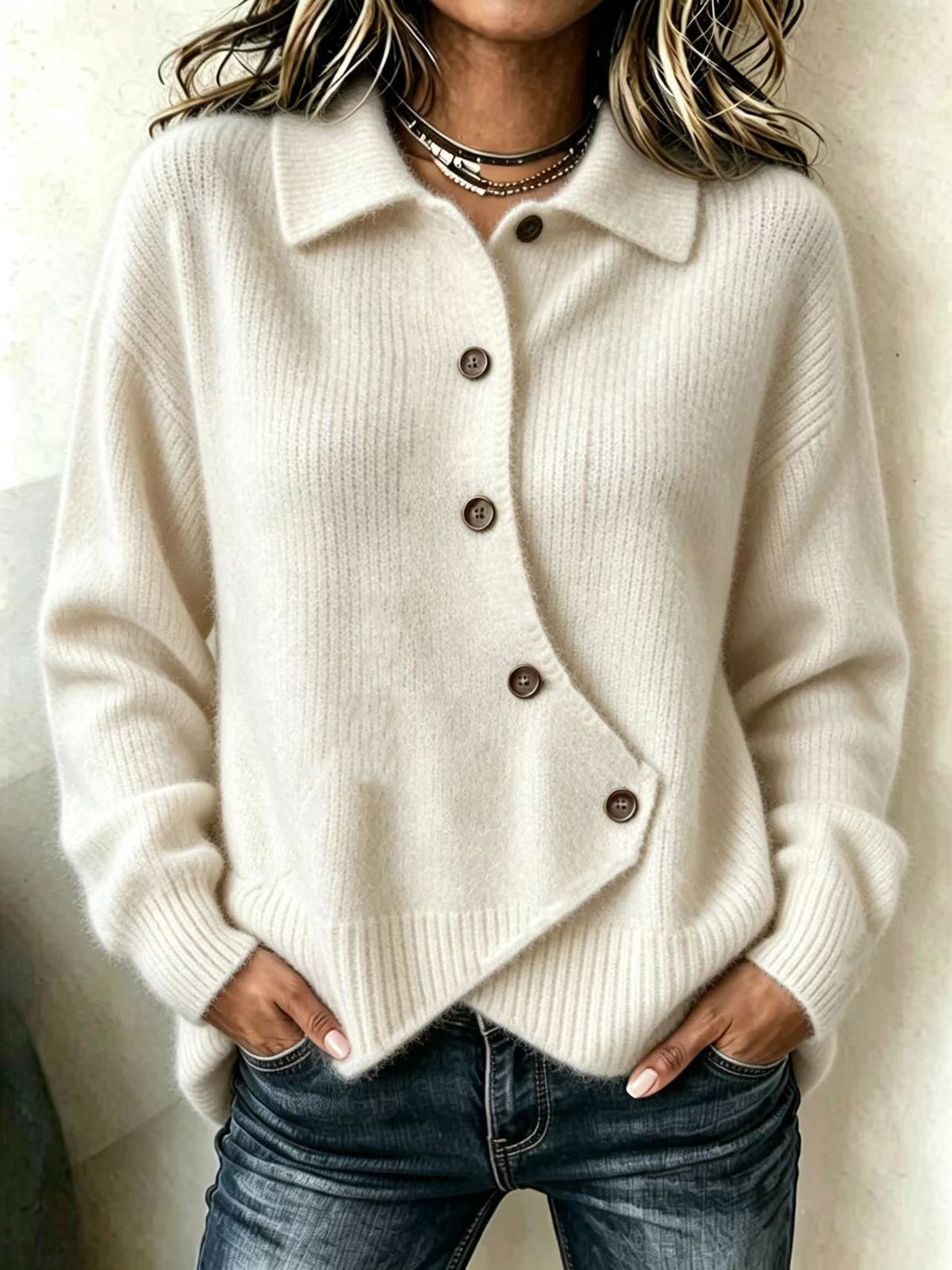 Women's Oversized Collared Asymmetrical Knit Cardigan