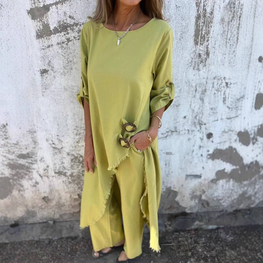 Womens Boho Asymmetrical Linen Blend Tunic Pants Set
