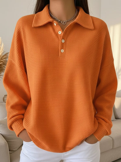 Women's Oversized Waffle Knit Polo Shirt Long Sleeve Top