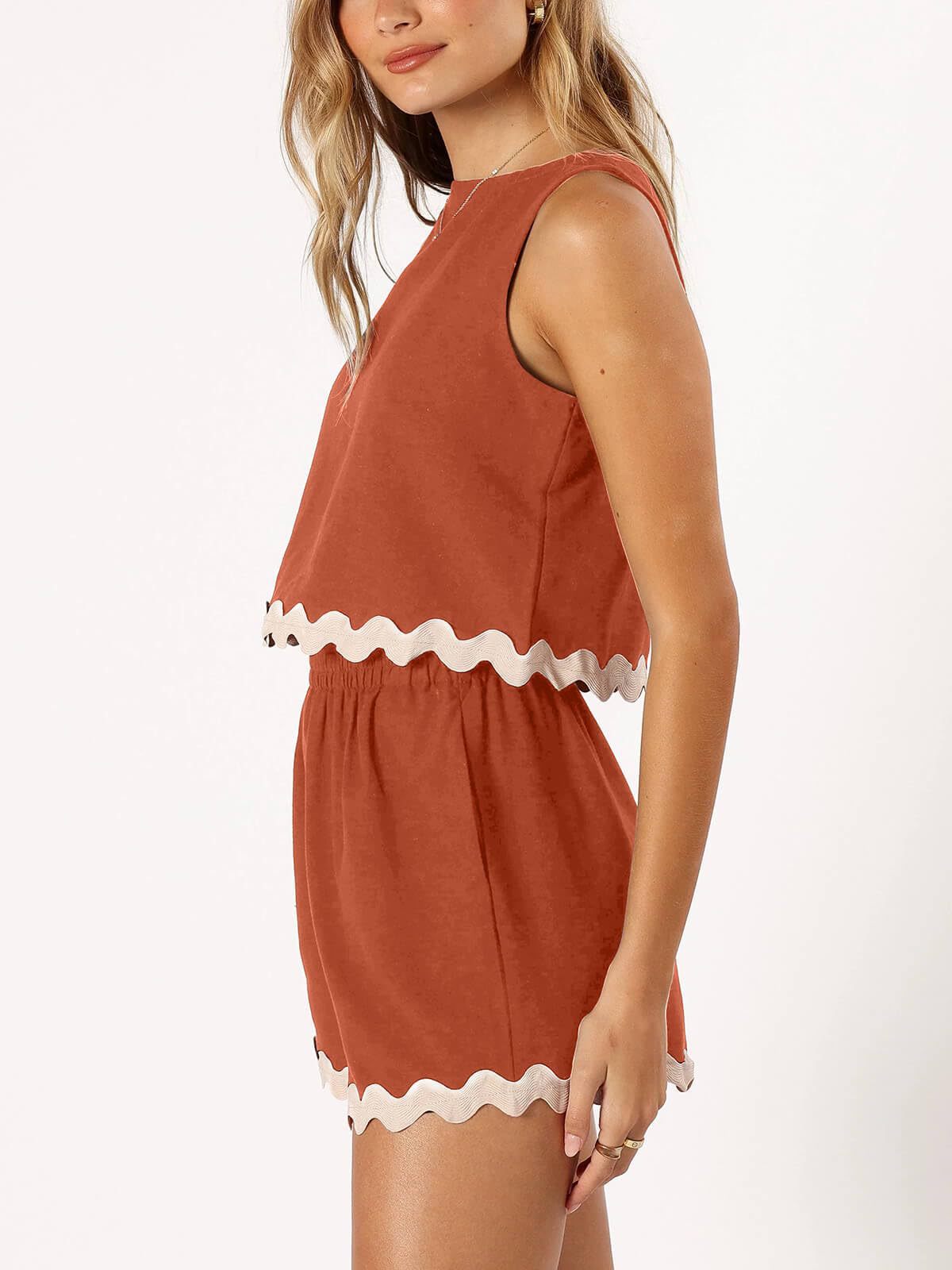 Linen Lace Two-Piece Set - Summer Crew Neck Vest & Shorts