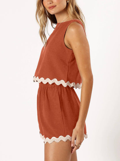 Linen Lace Two-Piece Set - Summer Crew Neck Vest & Shorts