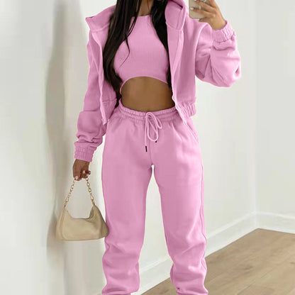 Women 3 Piece Hoodie Crop Top Jogger Pants Set