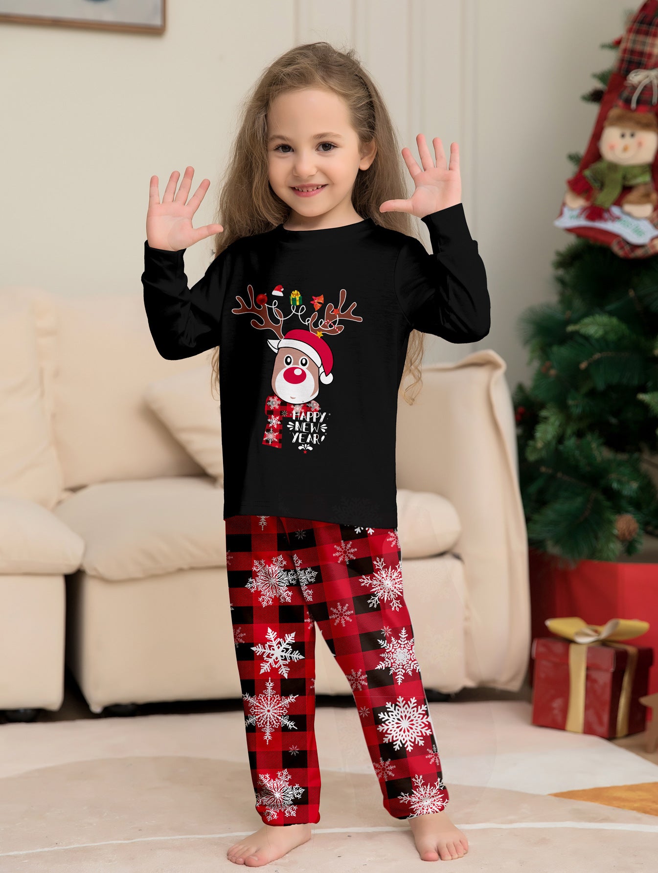 Deer Snowflake Plaid Parent-Child Printed Christmas Pajama Set