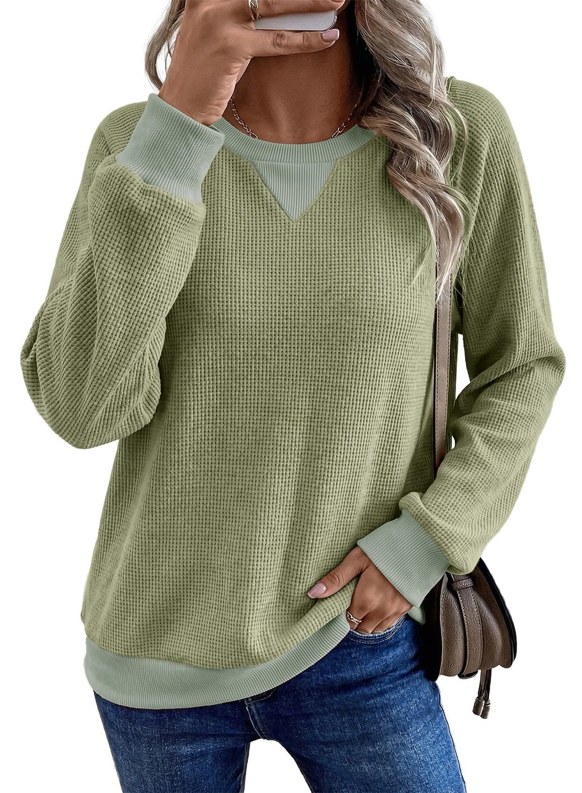 Women's Waffle Knit Color Block Long Sleeve Top