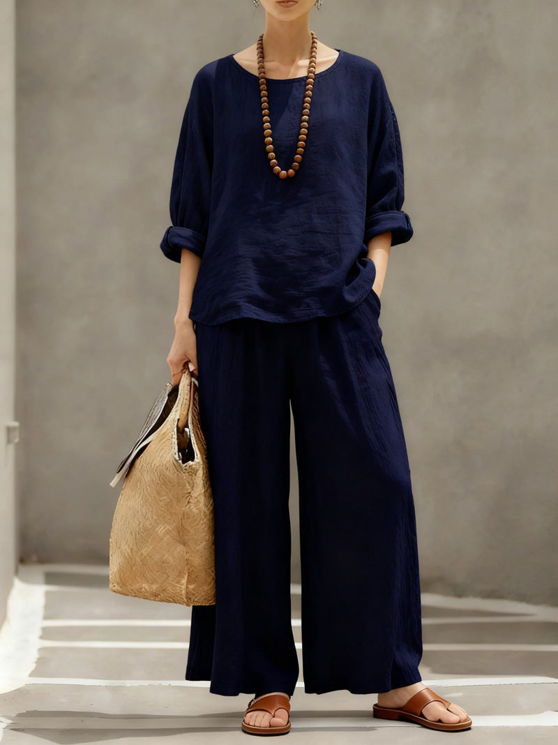 Women's Linen Cotton Matching Set Wide Leg Pants Two Piece