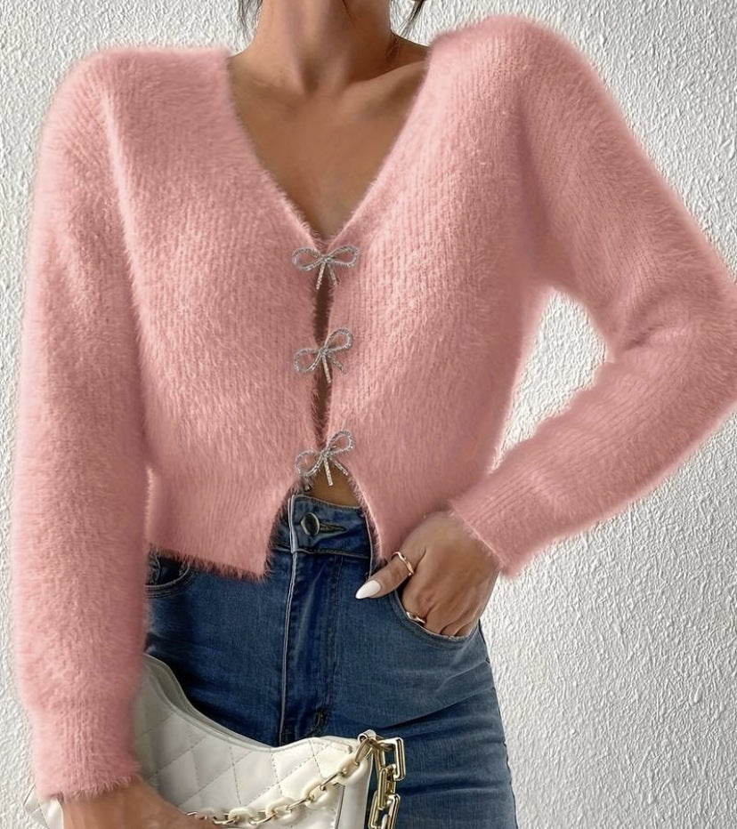 Women's Fuzzy Bow Button V-Neck Cardigan