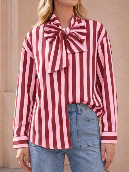 Women's Striped Tie Neck Long Sleeve Blouse Casual