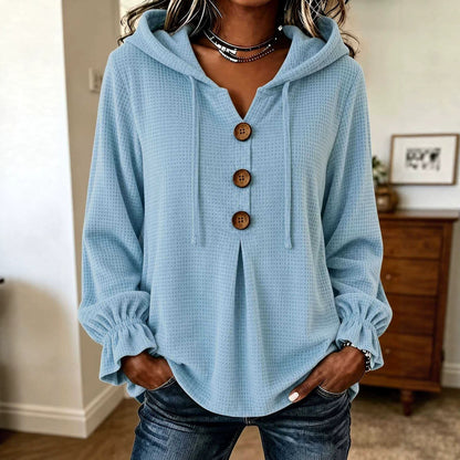 Waffle Knit Hooded Henley V Neck Long Sleeve Top