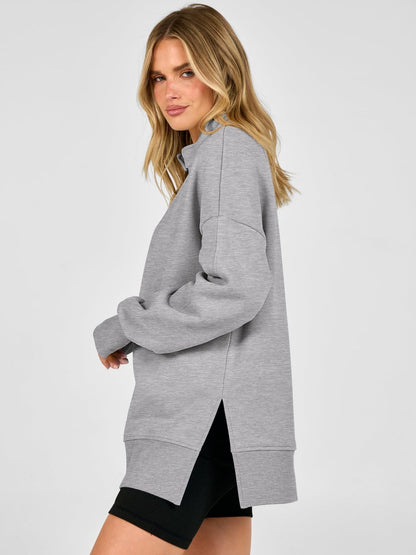 Half Zip Side Slit Relaxed Fit Pullover Sweatshirt