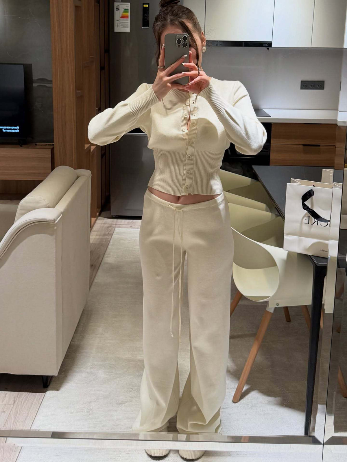 Women's Two Piece Ribbed Knit Cardigan Wide Leg Pants Set