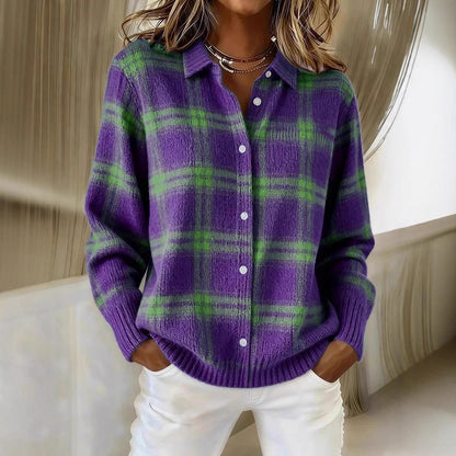Plaid Collared Button Front Knit Cardigan