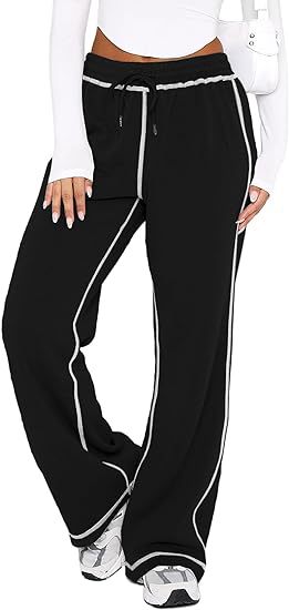 High Waist Wide Leg Jogger Pants with Contrast Stitching