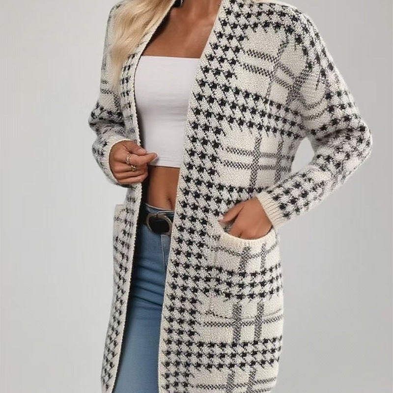 Women's Houndstooth Long Oversized Open Front Cardigan