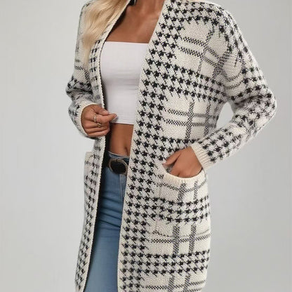Women's Houndstooth Long Oversized Open Front Cardigan