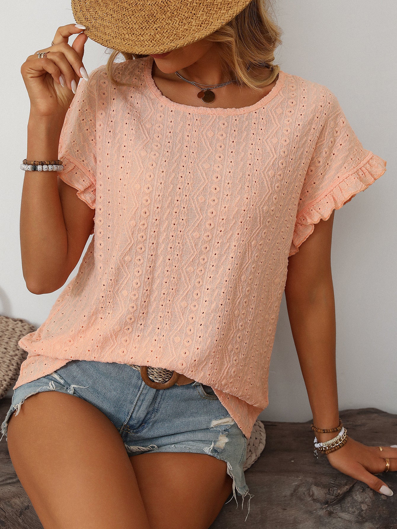 Women’s Eyelet Knit Crewneck Ruffle Sleeve Summer Top