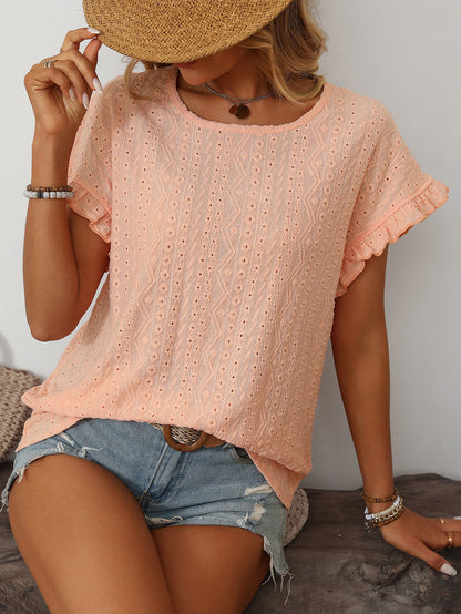Women’s Eyelet Knit Crewneck Ruffle Sleeve Summer Top