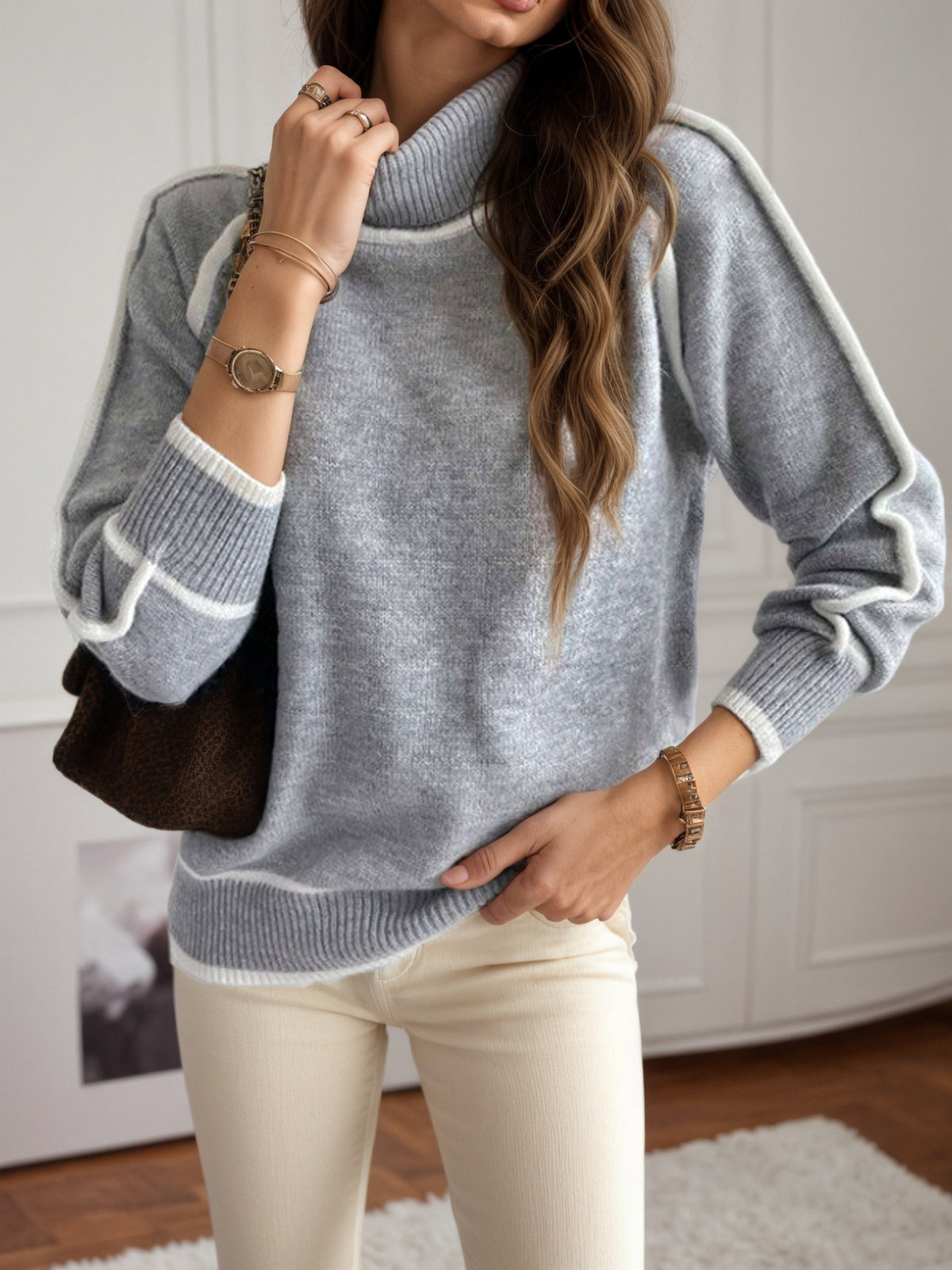 Women's Oversized Turtleneck Sweater Contrast Trim Raglan