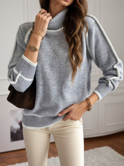 Women's Oversized Turtleneck Sweater Contrast Trim Raglan