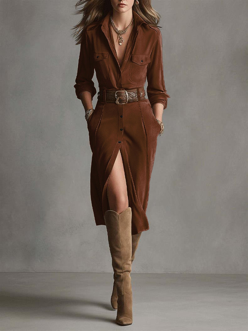 Faux Suede Shirt Dress Belted Midi Button Front Long Sleeve