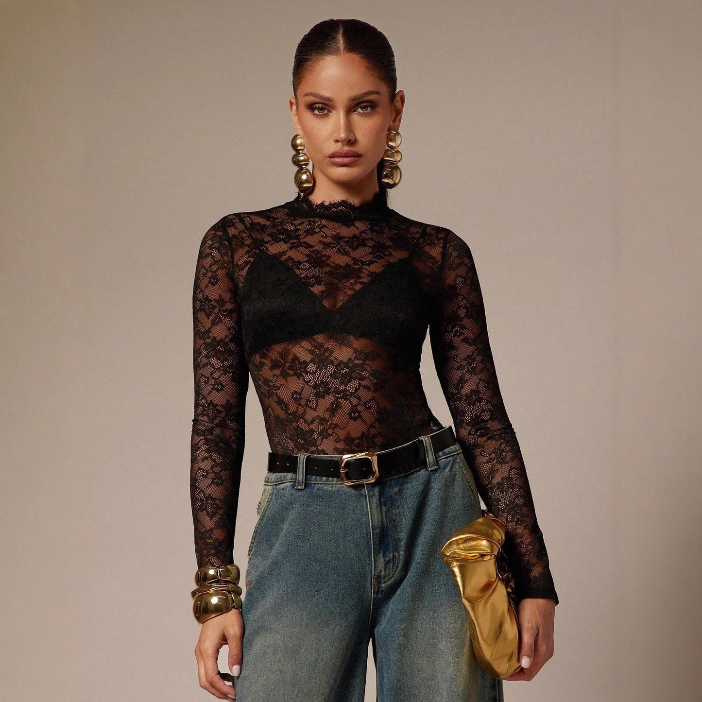 Black Floral Lace Bodysuit Sheer Mesh Mock Neck Top