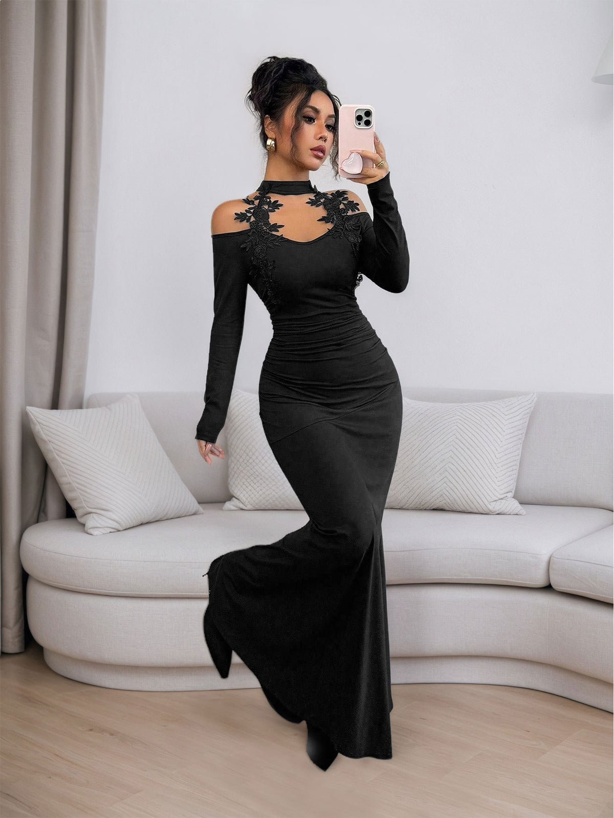 Elegant Black Lace Cut Out Long Sleeve Bodycon Maxi Dress