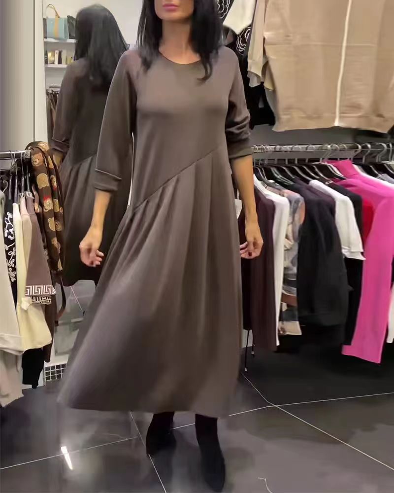 Women's Casual Long Sleeve Pleated Maxi Dress A-Line