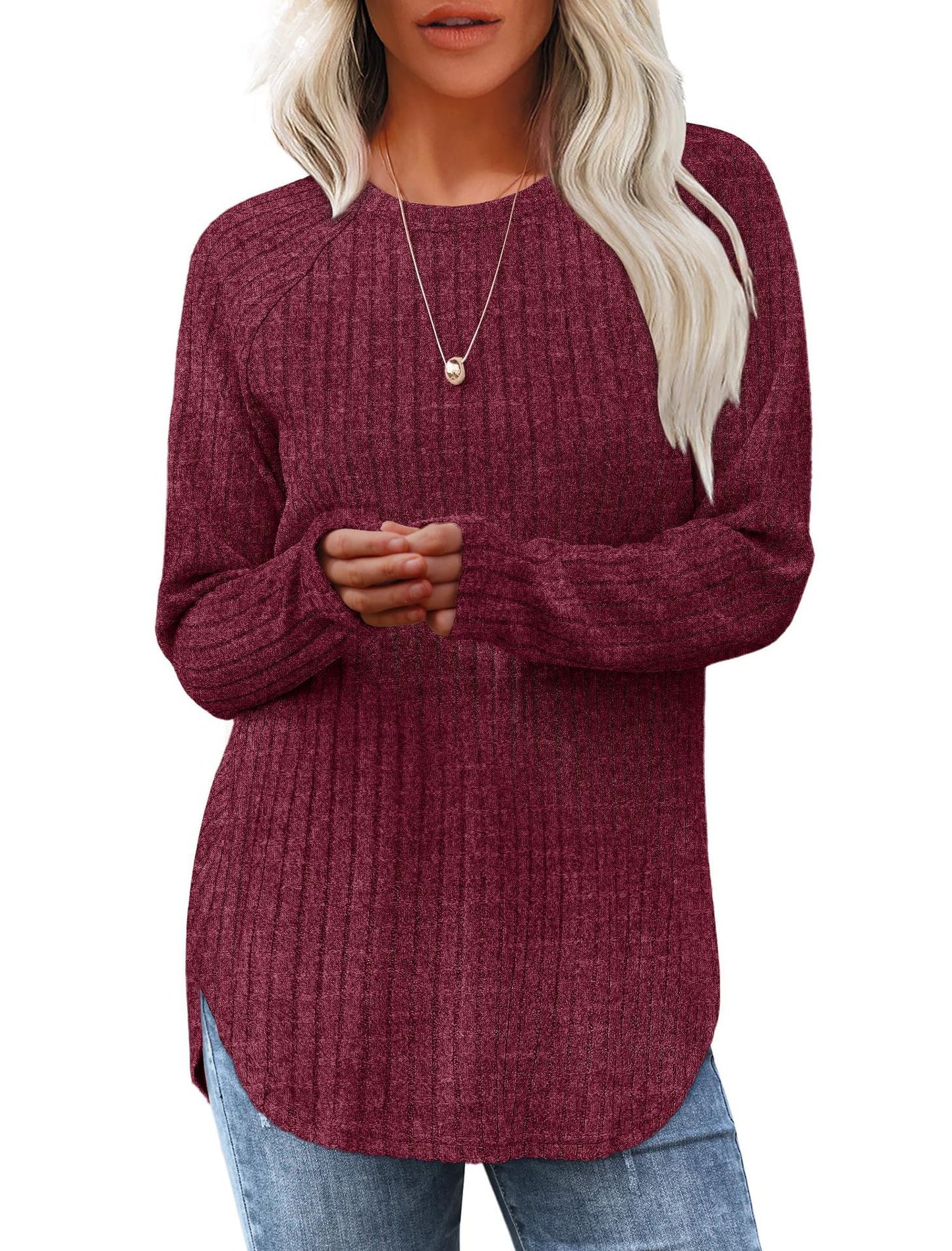 Women's Ribbed Brushed Long Sleeve Crew Neck Curved Hem Top
