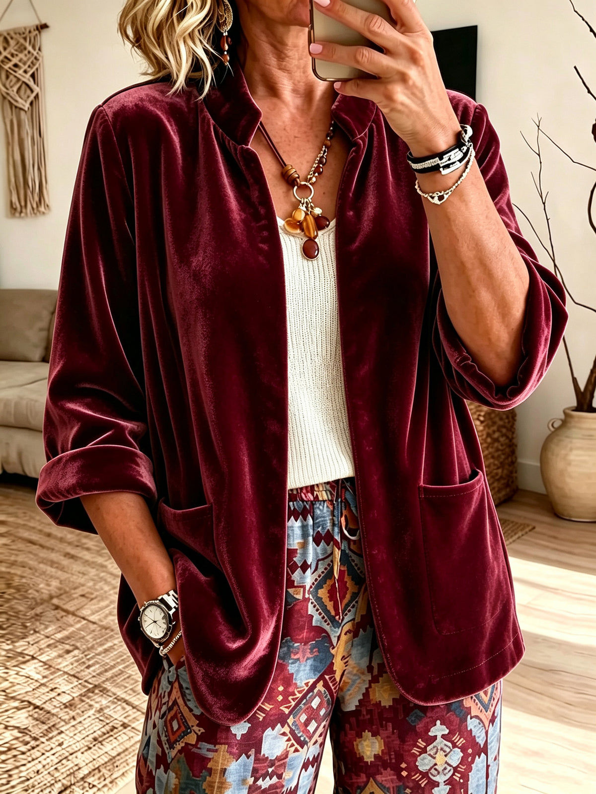 Women's Velvet Blazer Open Front Long Sleeve Pockets